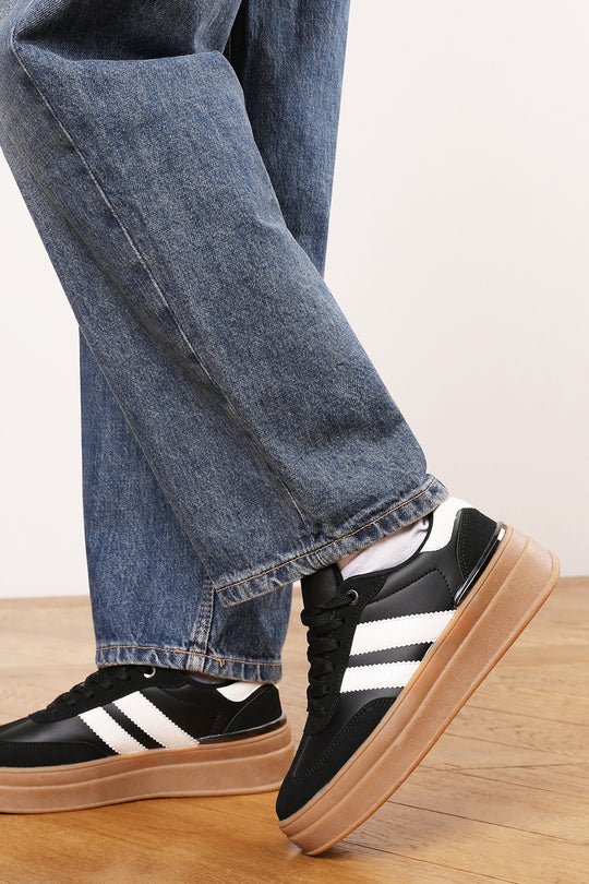 Yulia Black Platform Lace Up Trainers with White Side Stripes