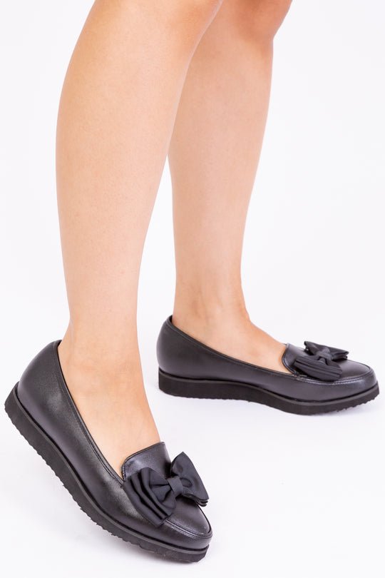 Alpha Girl's School Shoe flat ballet slider with bow in black faux leather