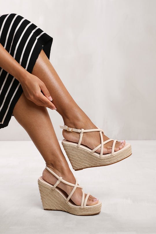 ANNA ESPADRILLE WEDGE SHOES WITH BUCKLE ANKLE STRAP IN CREAM FAUX LEATHER