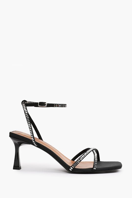 BLAIR WIDE FIT SQUARE TOE LOW BLOCK HEEL WITH DIAMANTE CROSS OVER STRAP DETAIL IN BLACK SATIN