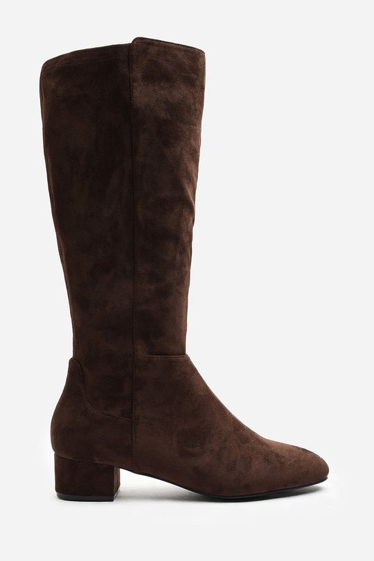 Paislee Wide Fit Round Toe Block Heel Stretch Suede Boots In Dark Brown