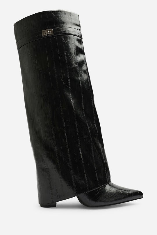 Keira Fold Over Shark Block Heel Pointed Toe Boots