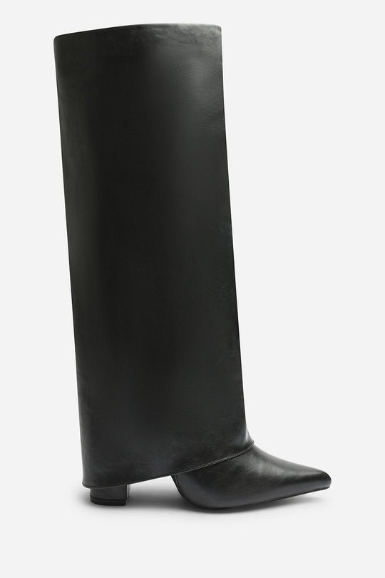 Makenzie Fold Down Knee High Heeled Shark Boots in Black