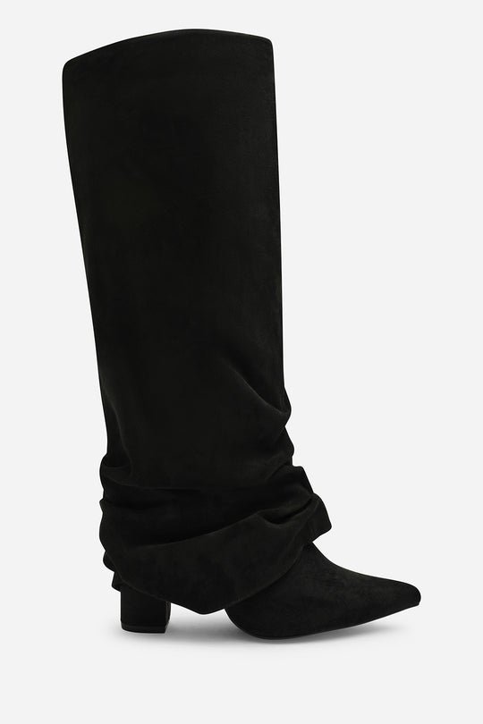 Galilea Ruched Fold Down Knee High Heeled Shark Boots in Black Suede