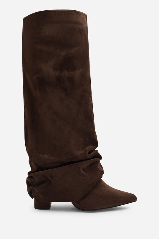 Galilea Ruched Fold Down Knee High Heeled Shark Boots in Dark Brown Suede