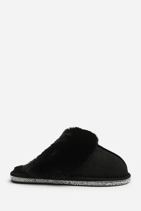 Dovina Diamante Trim Detail Faux Fur Trim Mule Slippers In Black Suede