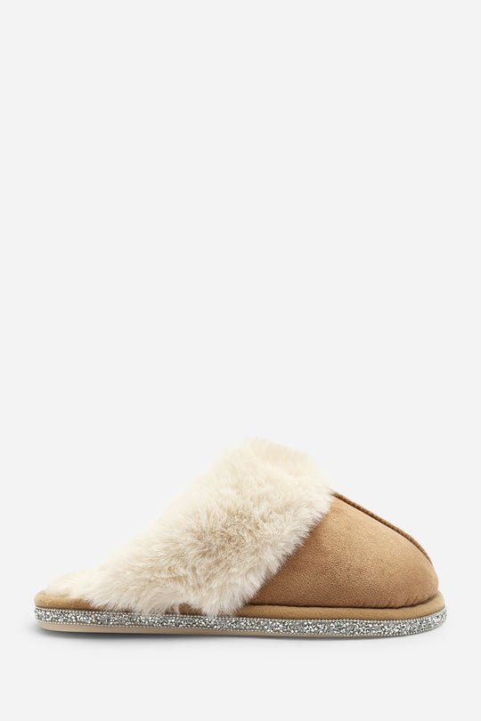 Dovina Diamante Trim Detail Faux Fur Trim Mule Slippers In Camel Suede
