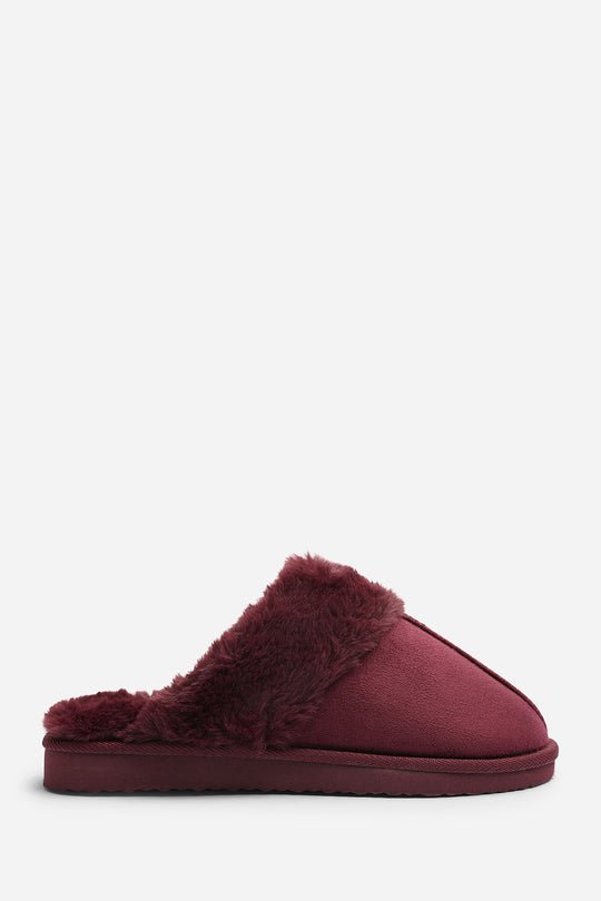 Comfort Burgundy Faux Fur Trim Mule Slipper