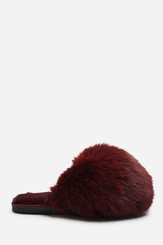 Keira Extreme Fluffy Oversized Faux Fur Slippers In Burgundy