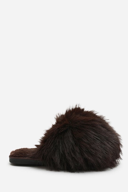 Keira Extreme Fluffy Oversized Faux Fur Slippers In Dark Brown