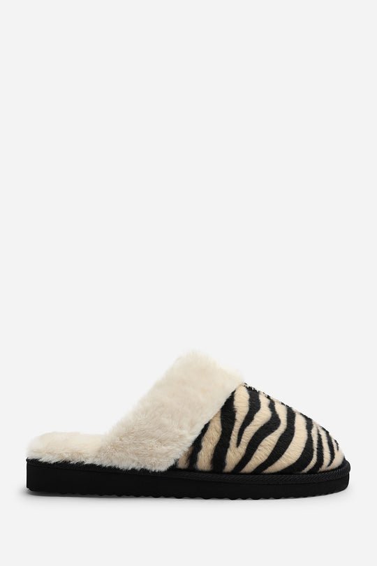 Delsa Zebra Faux Fur Trim Mule Slippers