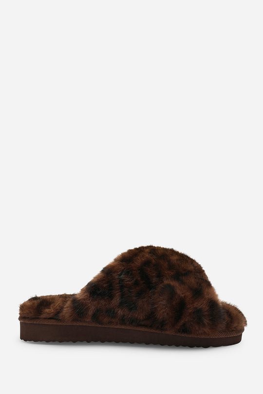 Denise Cross Over Fluffy Fur Slider Slippers In Leopard
